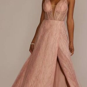 David's Bridal Dusty Rose Glitter A-Line Prom Gown